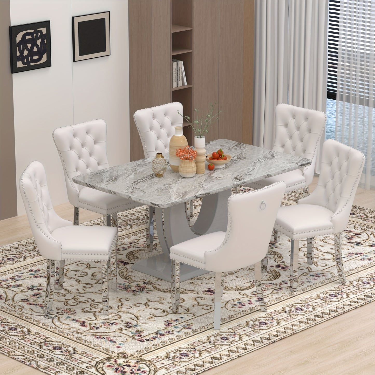 Sumdeal 63" Dining Table with 6 Velvet Dining Chairs, Modern Dining Table for 4-6 People