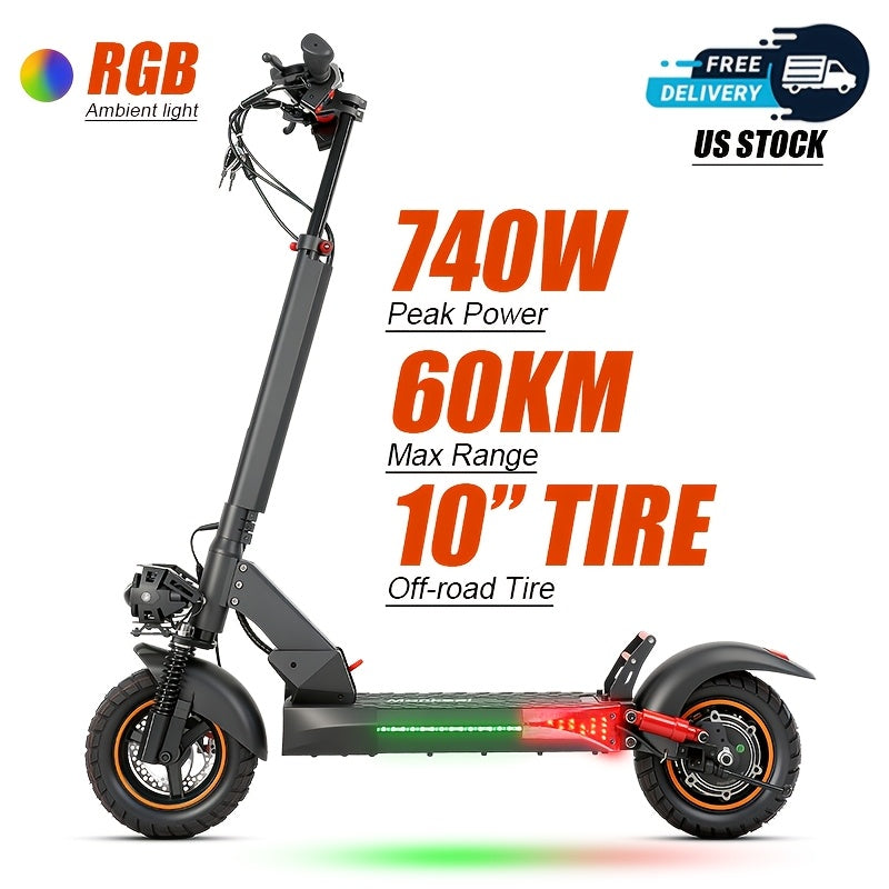 500W/740W Power, 10" Off-road/Tubless Tire Kick Electric Scooter, Foldable E-Scooter - Max Range 40km/60km/80km, Double Suspension & Double Disc Brake, Phone Charging USB Port, RGB Ambient Light, Turn Signal Light, LED Front Light
