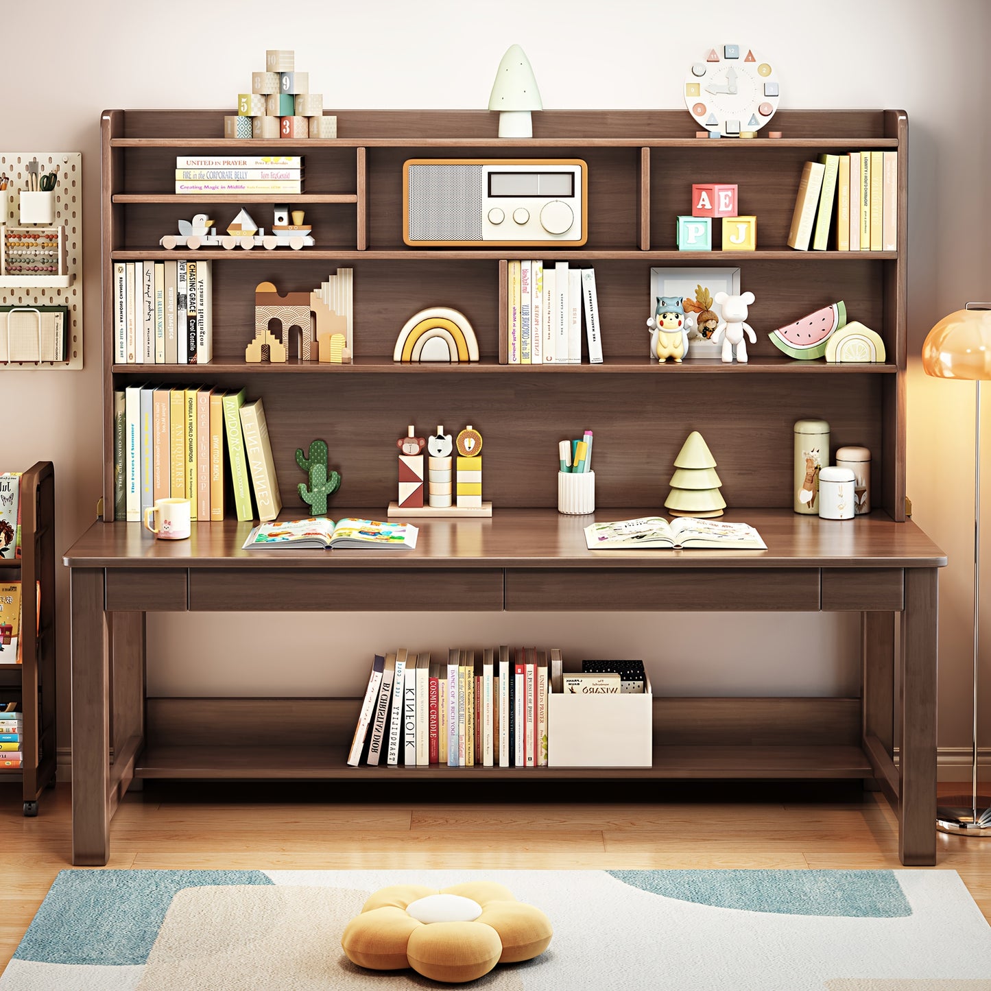 Solid Wood Desk And Cabinet Set with Drawers,Integrated Desk And Bookshelf, Under-desk Storage Rack, And Desk Cabinet. Simple Design,Lightweight, Versatile, Detachable, Suitable for Any Location, No Additional Decorations Required