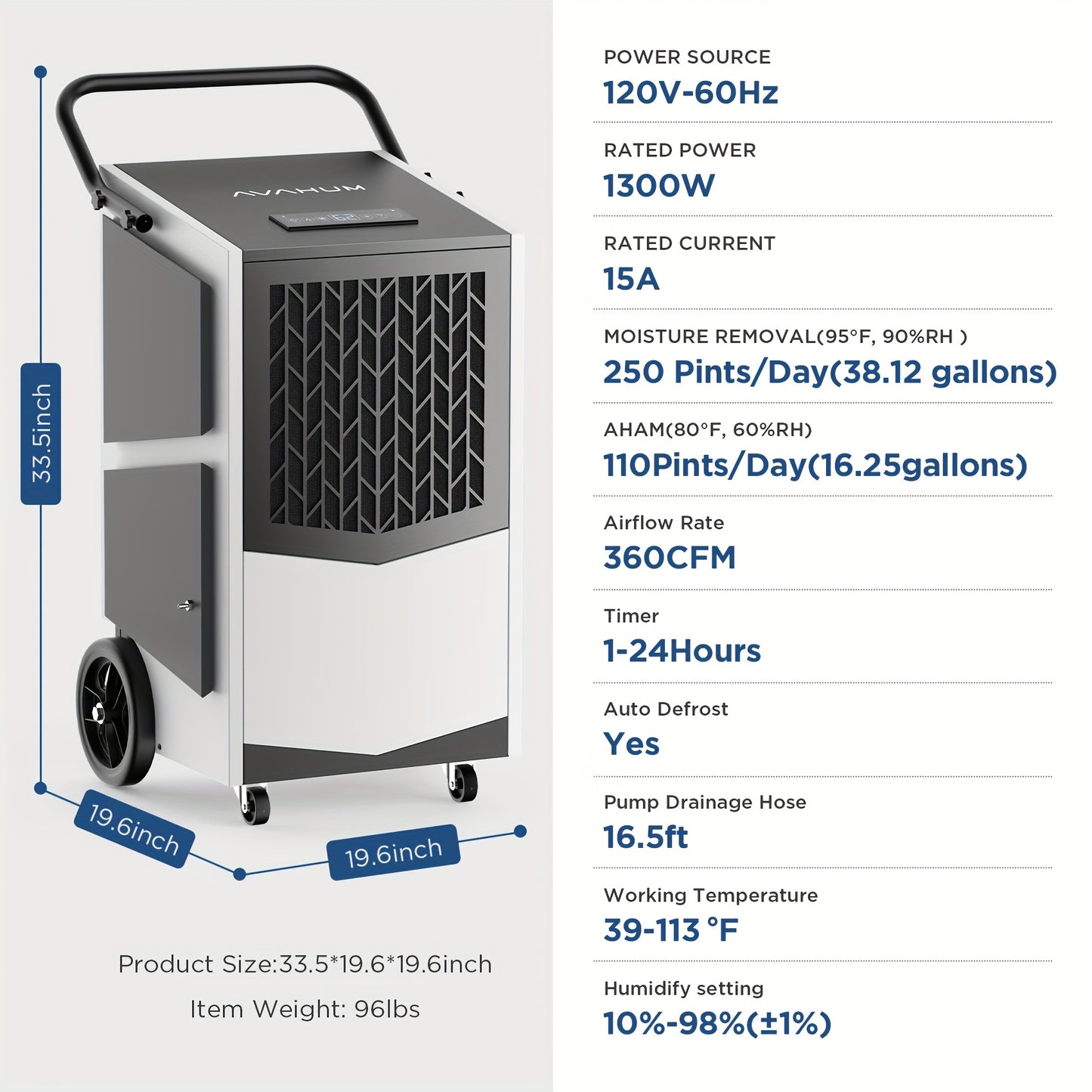 250 Pint Basement Dehumidifier with Pump Drain Hose for Basements, 8000Sqft Grade Dehumidifiers, 24H Timer, Continuous Dehumidification