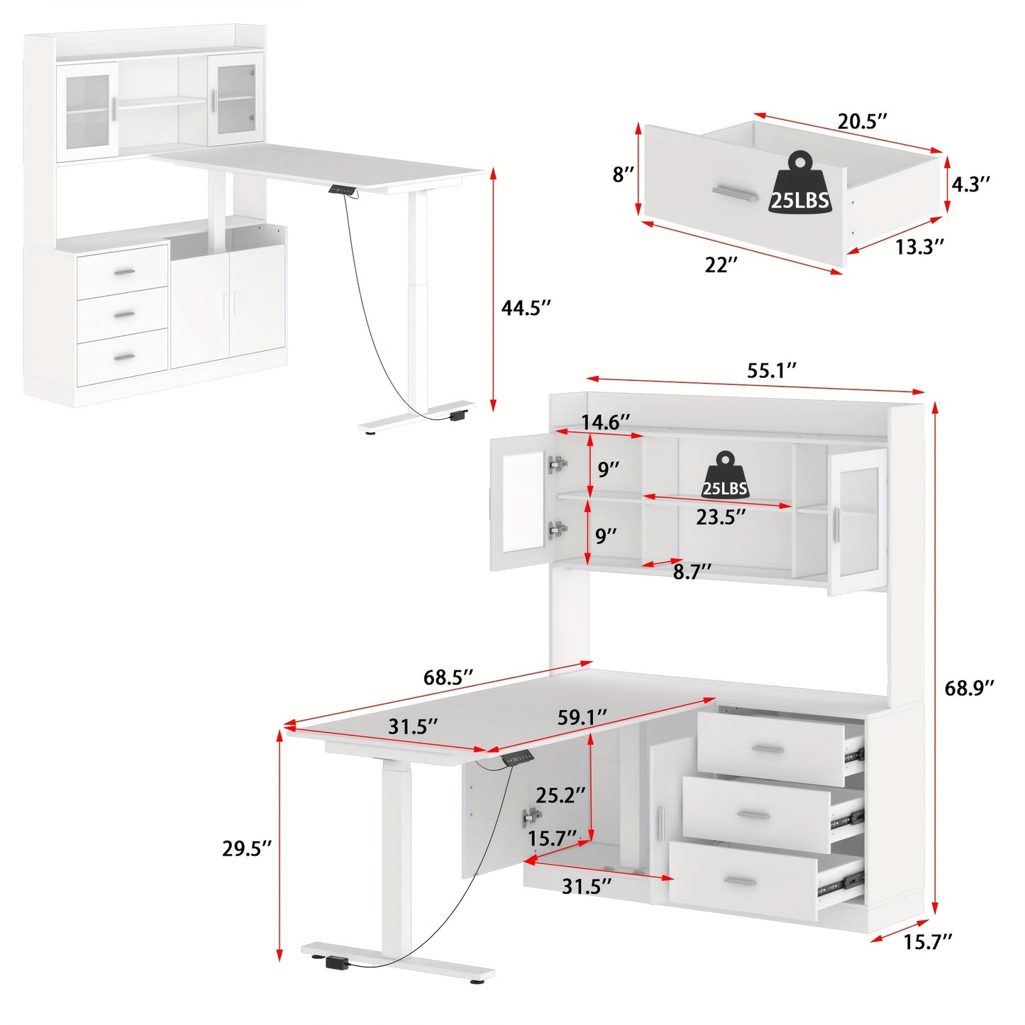 Electric Height Adjustable Computer Desk With 3 Drawers, 1 Cabinet & 2 Open Shelves, L-shaped Computer Desk With Glass Doors & Open Counter, Study Writing Table, For Office, White