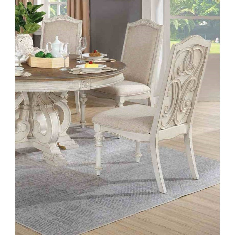 Antique White Dining Room 9pcs Set Table W/ Leaf And 6X Side Chairs 2X Arm Chairs Ivory Fabric Upholstered Seat