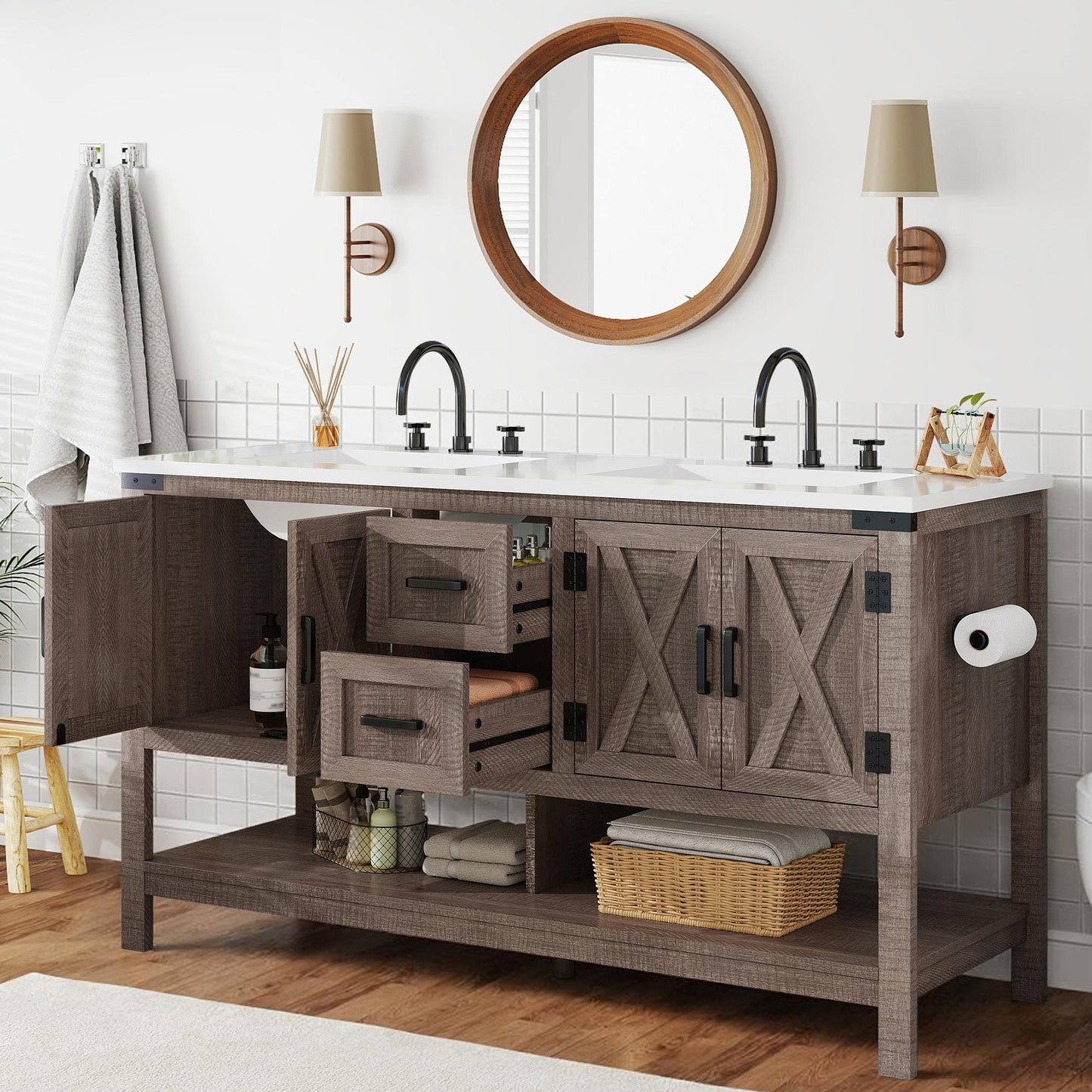 PAPAJET 60-inch Modern Farmhouse Double Sink Bathroom Vanity with Cabinets, Drawers & Open Shelf - /MDF Suitable for Family Bathrooms, Space-Saving, Ample Storage, Low-Maintenance for Resale Value
