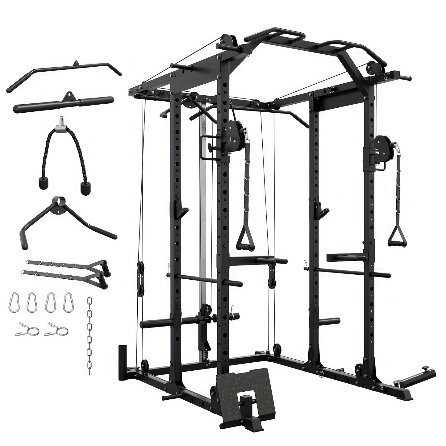 8-in-1 Power Rack Cage With 1500lb Capacity & Cable Crossover Machine - Multi-Function Squat Rack With J-Hooks, Dip Bars, And Landmine - Comprehensive Plate-Loaded Home Gym Equipment (Red)