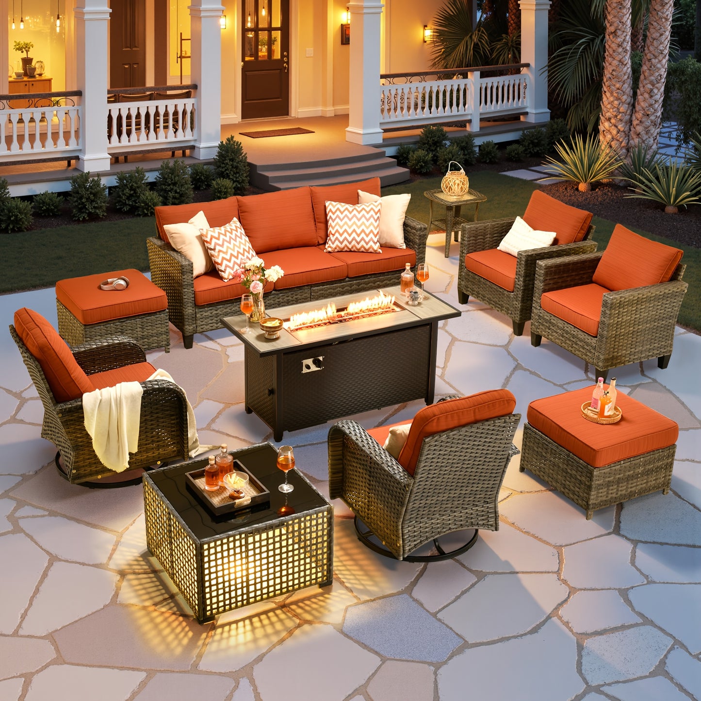 10pcs Outdoor Patio Furniture Sets With 54" Fire Pit Table And Solar Led Light Coffe Table, All-Weather PE Rattan Sectional Sofa Conversation Set With Swivel Rocking Chairs, Outside Modular Couch With Thick Cushions For Backyard, Deck, 7 Seats