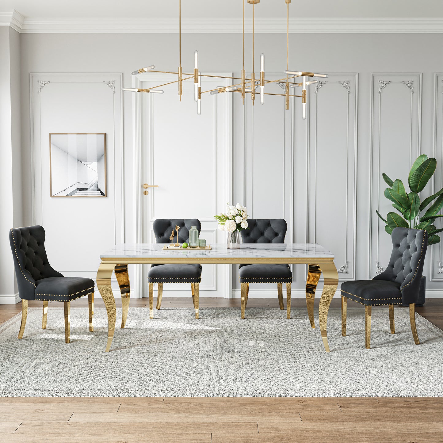 70"Modern Rectangle Faux Marble Dining Table Set for 5-7 Piece Luxury Rectangle Faux Marble Table with 4/6 Velvet Tufted Chairs - Elegant Kitchen and Dining Room Furniture, Silver/Gold Finish， Luxury Dining Table Set