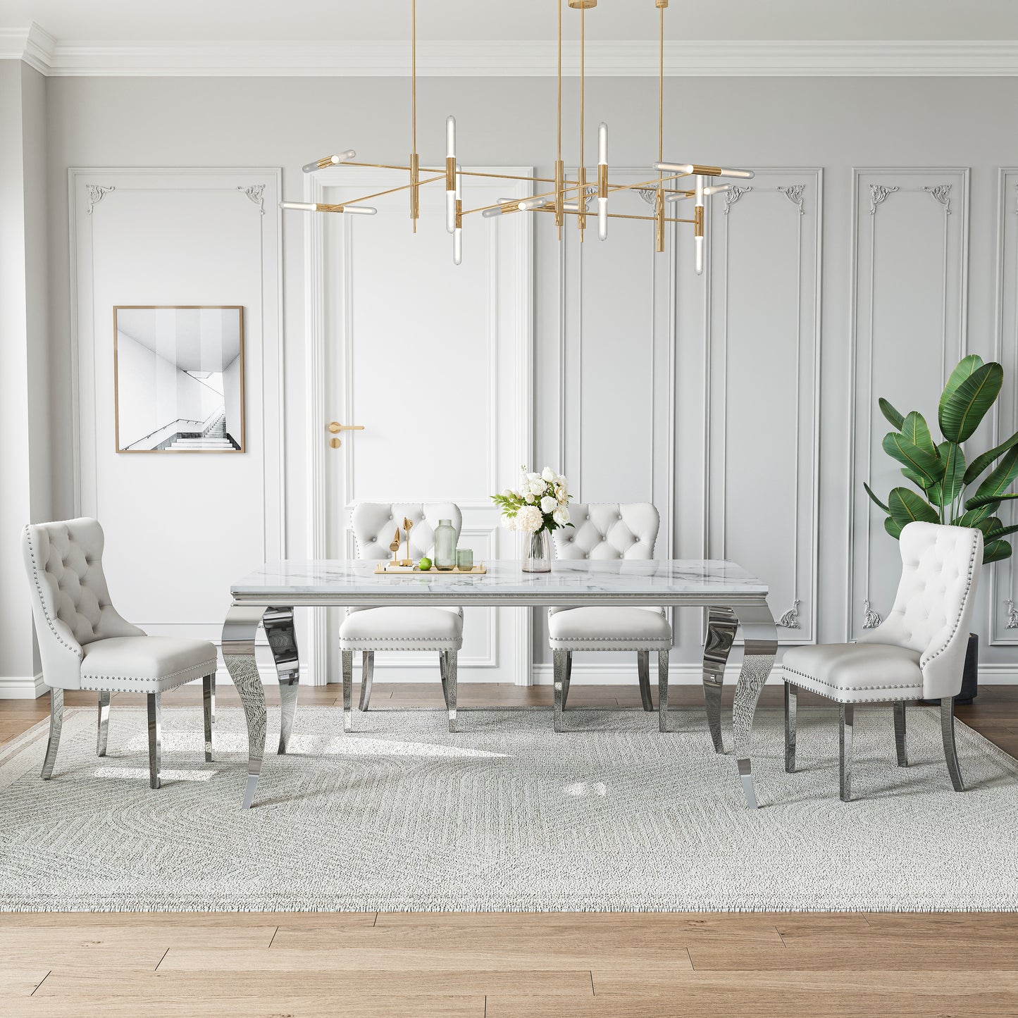 70"Modern Rectangle Faux Marble Dining Table Set for 5-7 Piece Luxury Rectangle Faux Marble Table with 4/6 Velvet Tufted Chairs - Elegant Kitchen and Dining Room Furniture, Silver/Gold Finish， Luxury Dining Table Set