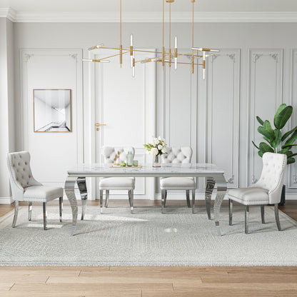 70"Modern Rectangle Faux Marble Dining Table Set for 5-7 Piece Luxury Rectangle Faux Marble Table with 4/6 Velvet Tufted Chairs - Elegant Kitchen and Dining Room Furniture, Silver/Gold Finish， Luxury Dining Table Set