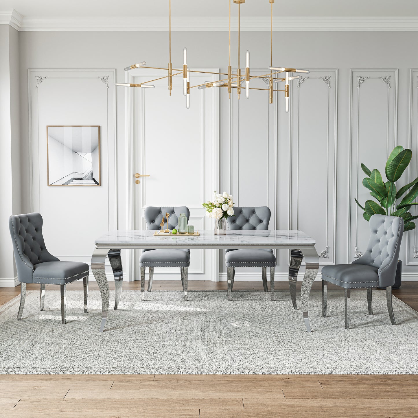 70"Modern Rectangle Faux Marble Dining Table Set for 5-7 Piece Luxury Rectangle Faux Marble Table with 4/6 Velvet Tufted Chairs - Elegant Kitchen and Dining Room Furniture, Silver/Gold Finish， Luxury Dining Table Set