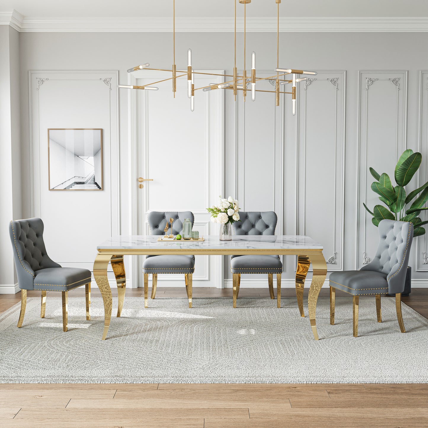 70"Modern Rectangle Faux Marble Dining Table Set for 5-7 Piece Luxury Rectangle Faux Marble Table with 4/6 Velvet Tufted Chairs - Elegant Kitchen and Dining Room Furniture, Silver/Gold Finish， Luxury Dining Table Set