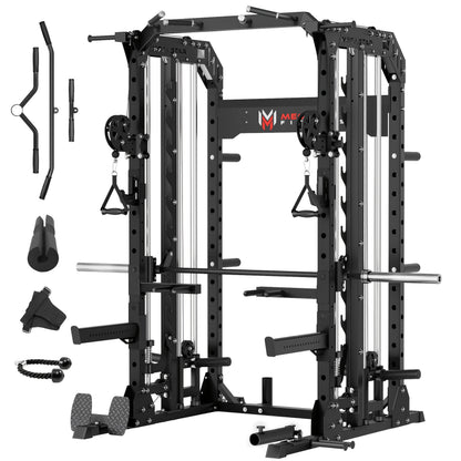 Smith Machine for Home Gym - 2000lbs Capacity All-in-One Power Rack with Cable Crossover, Pull-Up Bar & Dip Station, Includes 18 Attachments