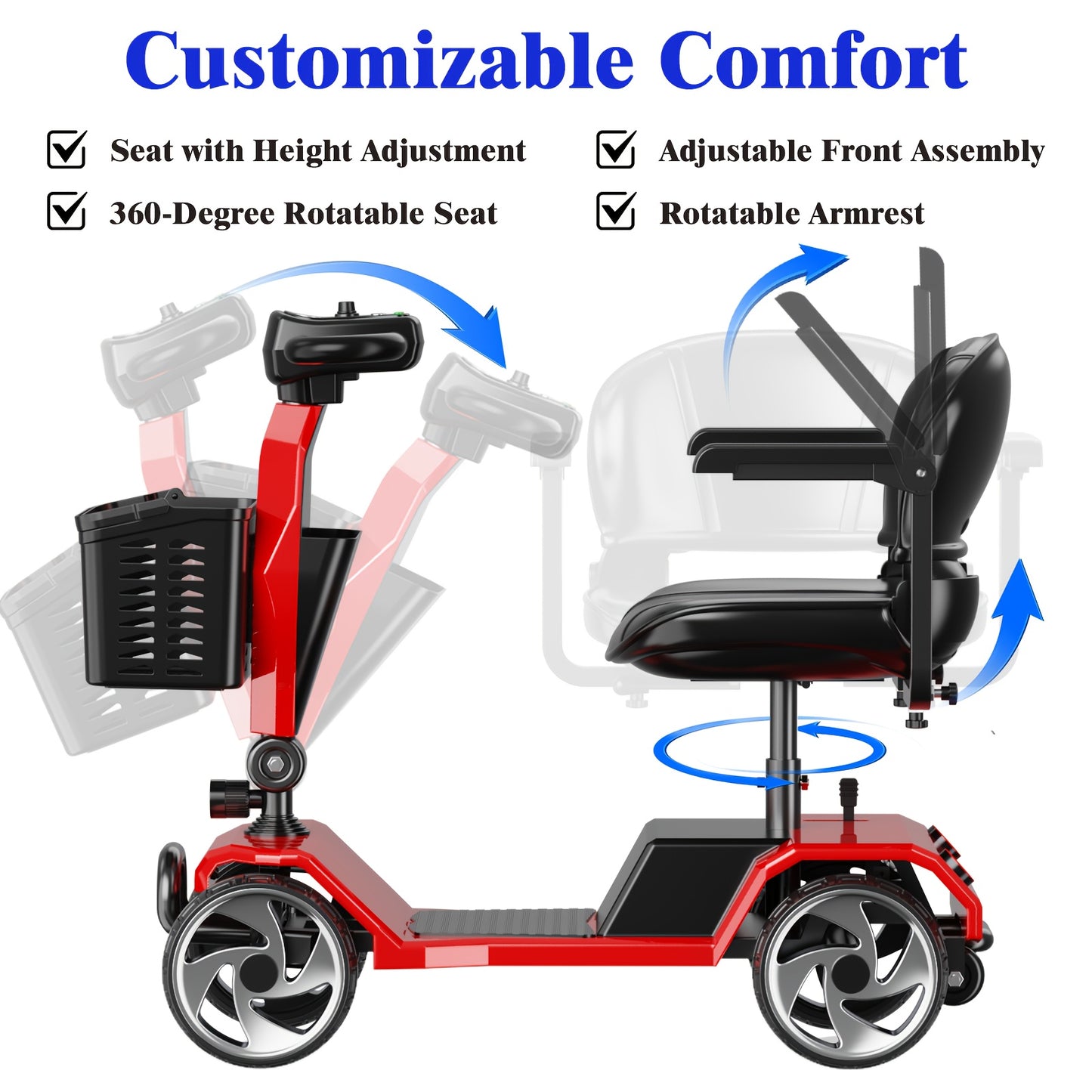 4-Wheel Electric Mobility Scooter For Adults With Seat - 250W Motor, 15 Miles Per Hour Speed, With Backrest Seat And Front Basket, 265 Pounds Capacity, 8 Inch Solid Tires, Lightweight 82Pounds, Suitable For Outdoor And Indoor Mobility