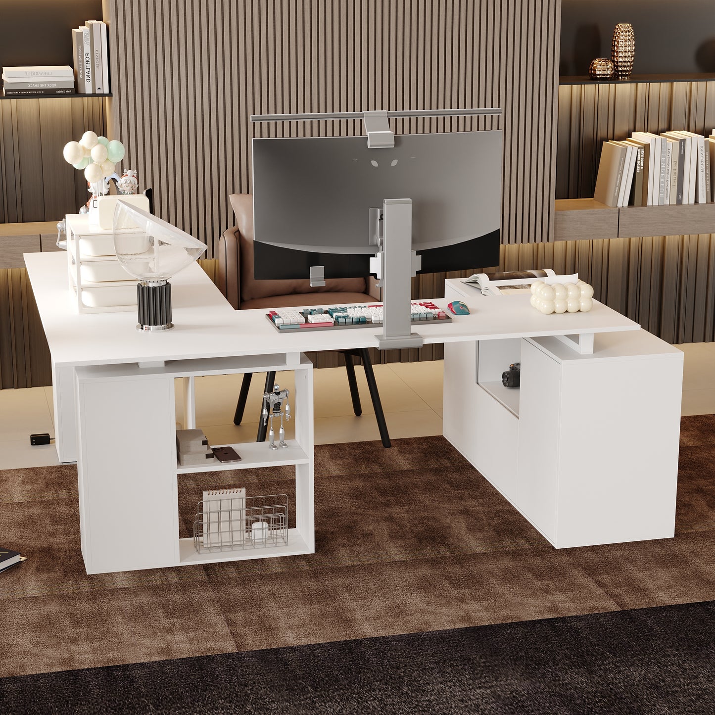 Electric Height Adjustable Standing Computer Desk With Open Storage Shelves, Adjustable Height Office Desk With With Drawer, Administrative Corner Desk, Modern Design, White