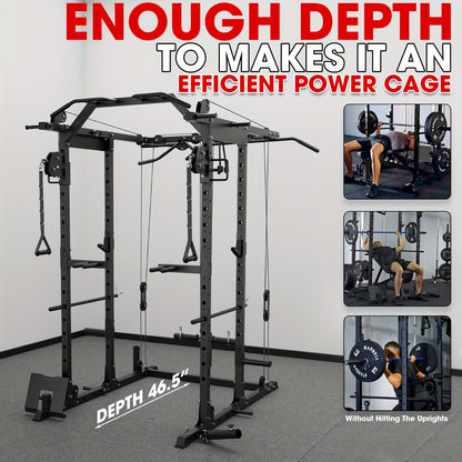 8-in-1 Power Rack Cage With 1500lb Capacity & Cable Crossover Machine - Multi-Function Squat Rack With J-Hooks, Dip Bars, And Landmine - Comprehensive Plate-Loaded Home Gym Equipment (Red)