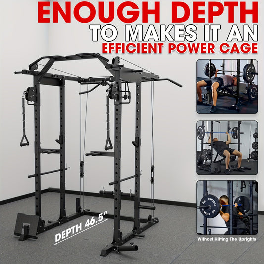 8-in-1 Power Rack Cage With 1500lb Capacity & Cable Crossover Machine - Multi-Function Squat Rack With J-Hooks, Dip Bars, And Landmine - Comprehensive Plate-Loaded Home Gym Equipment (Red)