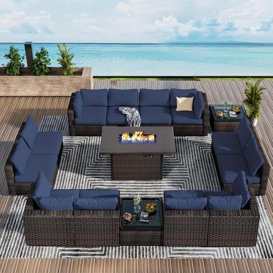 15pcs Patio Furniture Sectional Sofa with Fire Pit Table, Outdoor PE Rattan Patio Conversation Set with Glass Coffee Tables And Cushions for Garden, Poolside, Backyard