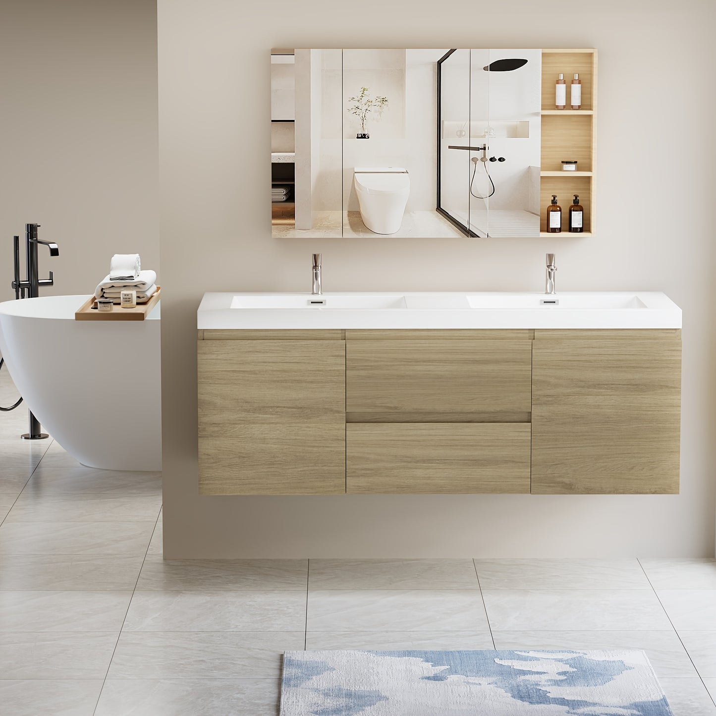 60" Modern Floating Wall-Mounted Bathroom Vanity with Double Sink - Natural Oak Wood, Large Storage & Soft-Close Drawers, One-Piece White Resin Countertop Sink, Space-Saving Design, Easy Install (Faucet/Drain Not Included)