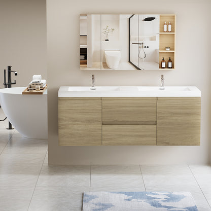 60" Modern Floating Wall-Mounted Bathroom Vanity with Double Sink - Natural Oak Wood, Large Storage & Soft-Close Drawers, One-Piece White Resin Countertop Sink, Space-Saving Design, Easy Install (Faucet/Drain Not Included)