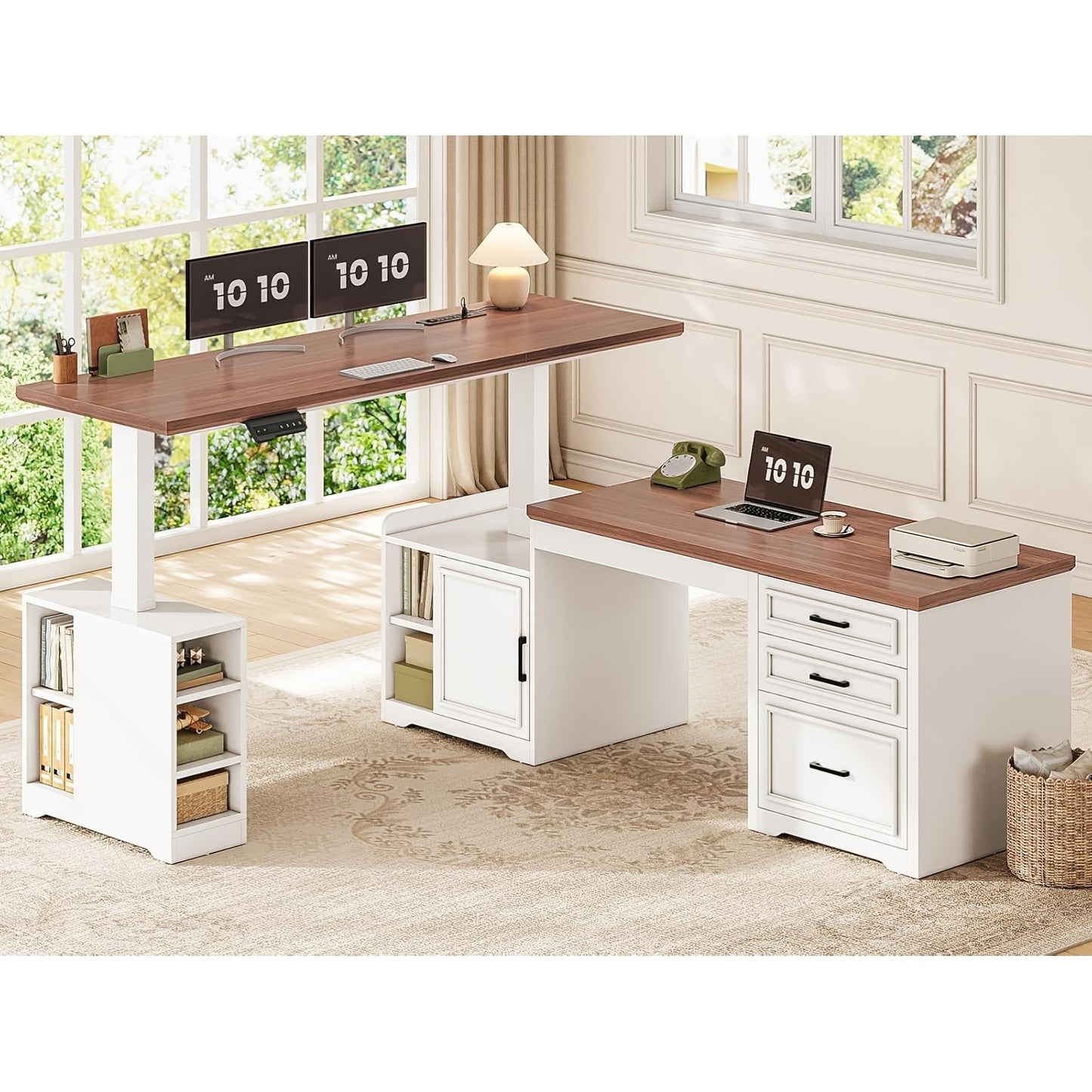 Farmhouse L Shaped Electric Standing Desk | 63" x 67" Height Adjustable, Metal, 3 Drawers and Shelves, Freestanding, Plug Powered
