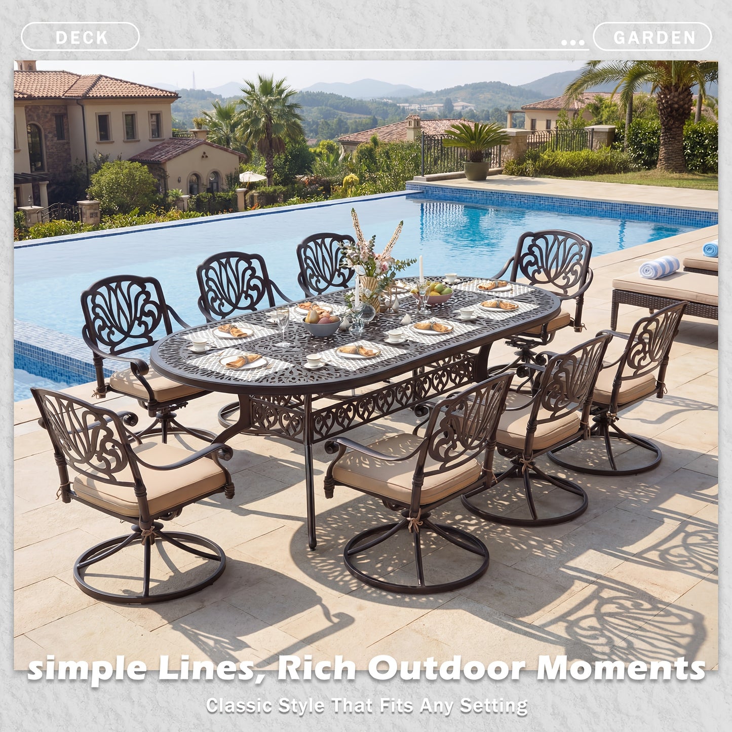 9pcs Cast Aluminum Patio Furniture, Outdoor Dining Sets for 8 Include 87" Oval Patio Dining Table And 8 Chairs with Cushions & Umbrella Hole (Bronze)