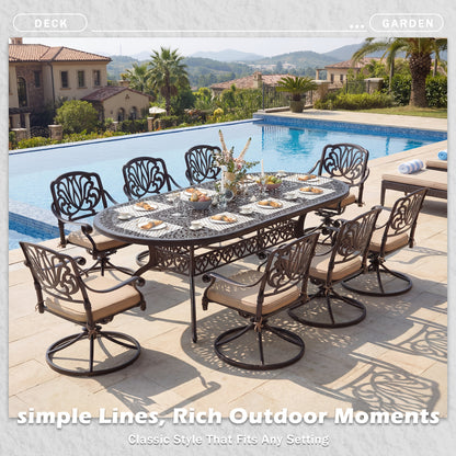 9pcs Cast Aluminum Patio Furniture, Outdoor Dining Sets for 8 Include 87" Oval Patio Dining Table And 8 Chairs with Cushions & Umbrella Hole (Bronze)