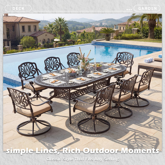 9pcs Cast Aluminum Patio Furniture, Outdoor Dining Sets for 8 Include 87" Oval Patio Dining Table And 8 Chairs with Cushions & Umbrella Hole (Bronze)