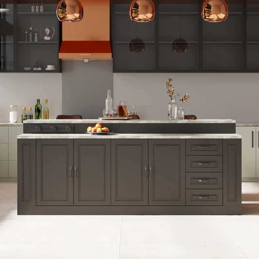 Modern 4-door Kitchen Island with 4 Spacious Drawers And 4 Shelves, Heavy-duty Kitchen Pantry Storage Cabinet with Stone Patterned Tabletop, Stationary Kitchen Table Coffee Bar Dining Table, for Dining Room, Kitchen, Stylish Design, 94, 5''L × 31, 3''D