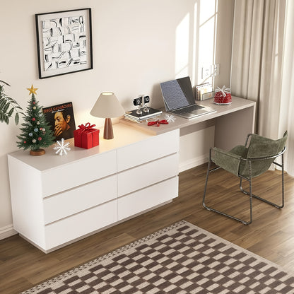 Modern Expandable Desk, 97.63-inch L-shaped Corner Computer Desk with 6 Drawers, Suitable for Home Office and Study Space, White and Khaki