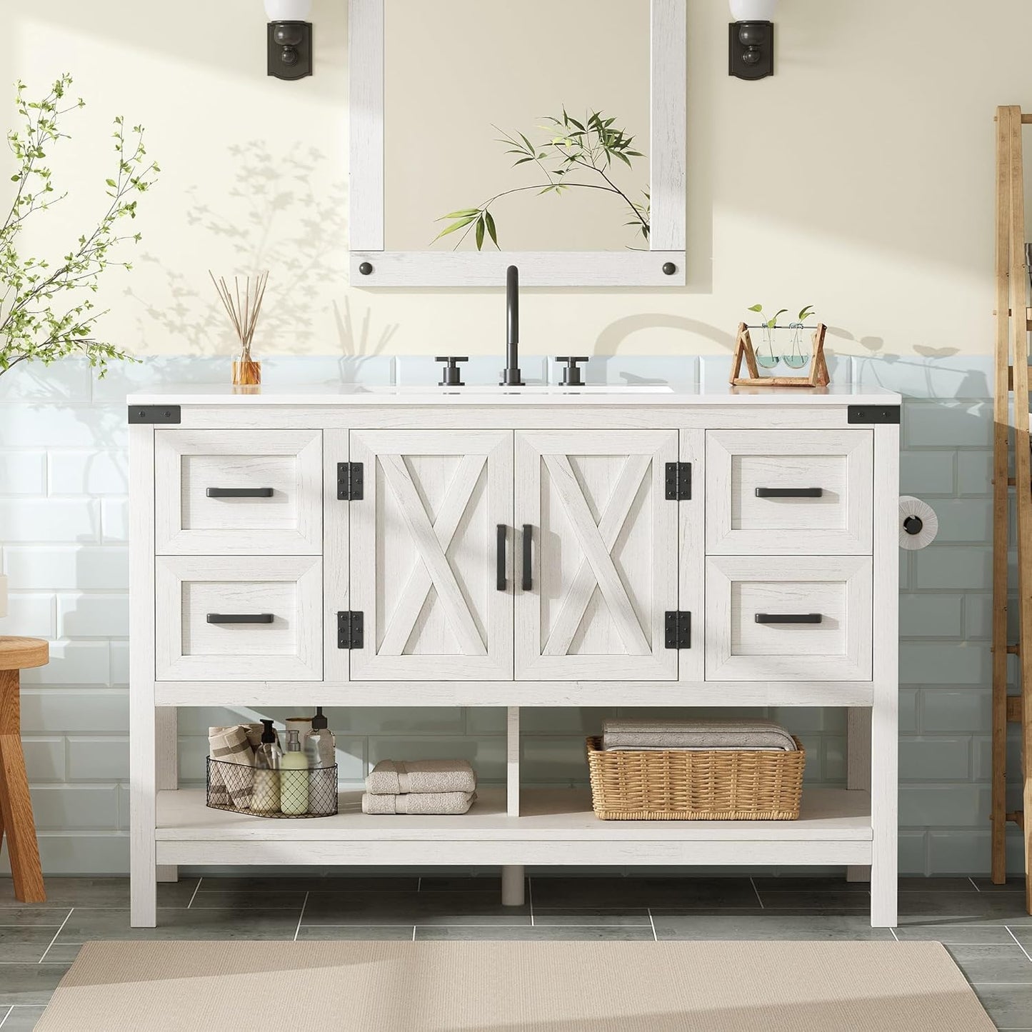 48 Inch Modern Farmhouse Bathroom Vanity with Barn Door Cabinet & 4-Drawer Storage - & Wood Tone Freestanding Sink Unit, Engineered Wood/MDF Suitable for Bathrooms