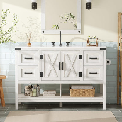 48 Inch Modern Farmhouse Bathroom Vanity with Barn Door Cabinet & 4-Drawer Storage - & Wood Tone Freestanding Sink Unit, Engineered Wood/MDF Suitable for Bathrooms