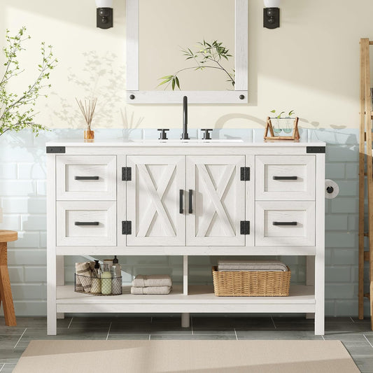 48 Inch Modern Farmhouse Bathroom Vanity with Barn Door Cabinet & 4-Drawer Storage - & Wood Tone Freestanding Sink Unit, Engineered Wood/MDF Suitable for Bathrooms
