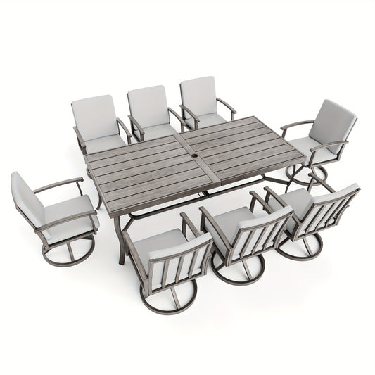 9pcs Aluminum Outdoor Patio Dining Set, 8 People Swivel Dining Chair Set, Outdoor Patio Furniture Set for Garden