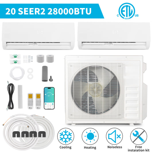 28000 BTU 2-Zone Ductless Mini Split AC/Heat Pump 20 SEER2, Pre-Charged Condenser, 9K+18K BTU Indoor Units, 2x25ft Installation Kits, Ideal for Home,