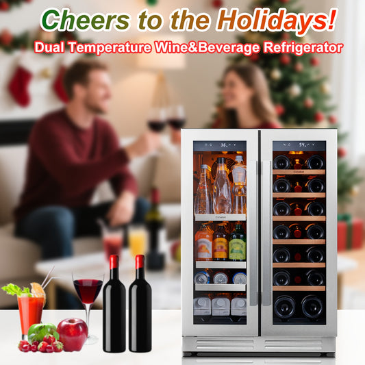 24 Inch Dual Zone Wine And Beverage Refrigerator Cooler - 60 Can And 20 Bottle LED Beverage Fridge - US 115V & Wine Refrigerator with 34°F -54°F Temperature Control, Beverage Cooler Built In Or Freestanding, Perfect for Home/Kitchen(4.10 Cu.ft)