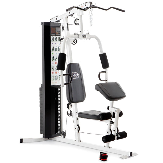 Marcy Home Gym Workout Station with Curl Pad, Lat Pulldown, Leg Developer & Weights, White