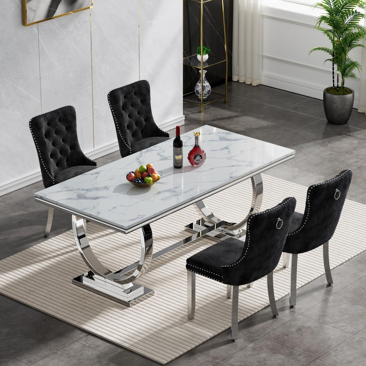 7 Piece Marble Dining Table Set, 70" Faux Marble Dining Table and Velvet Chairs for 6, 7 Piece Luxury Dining Room Table Set and 6 Upholstered Chairs with Stainless Steel Legs