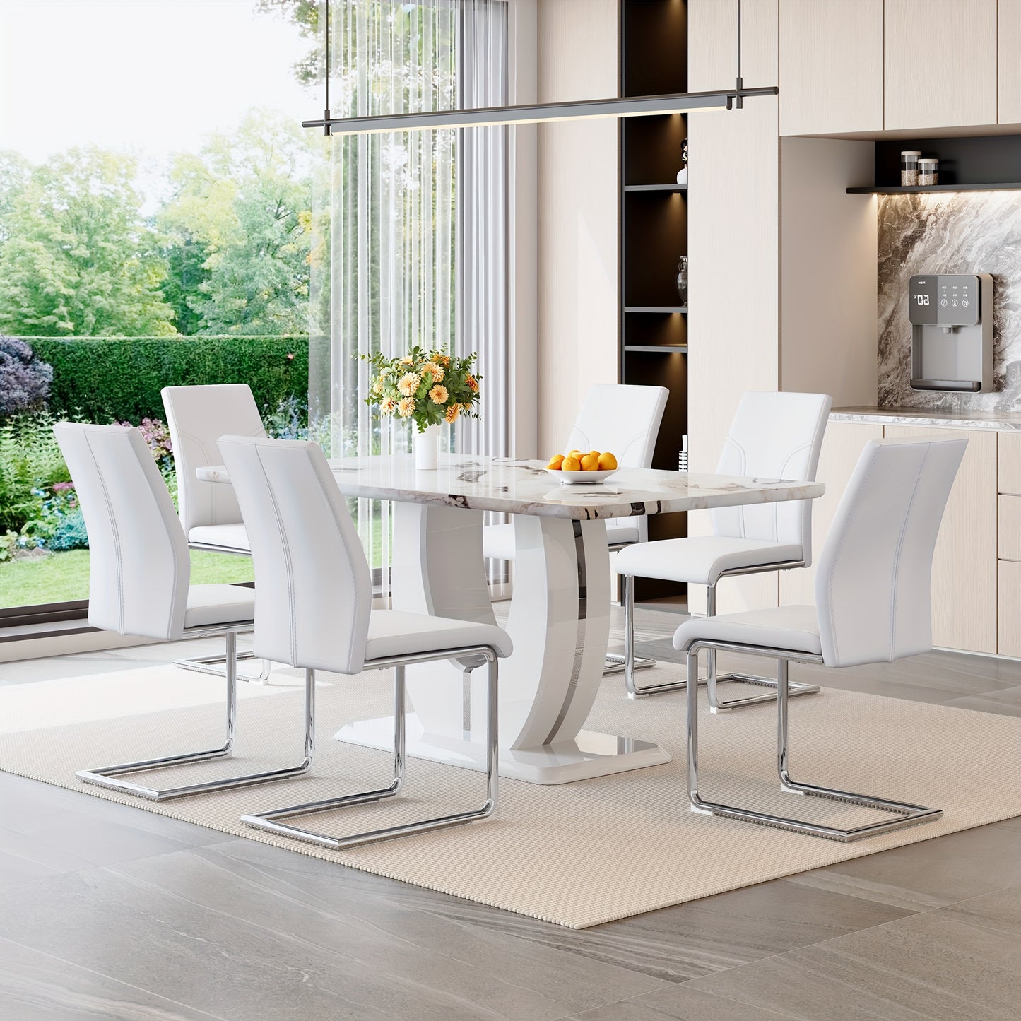 63" Modern Large Luxury Dining Table Set for 6, Kitchen Faux Marble Table Chairs Set Of 6, 63" Rectangle Kitchen Table And 6 PU Leather Upholstered Chairs for Kitchen, Dining Room, Living Room.Easy to Install, Local Warehouse
