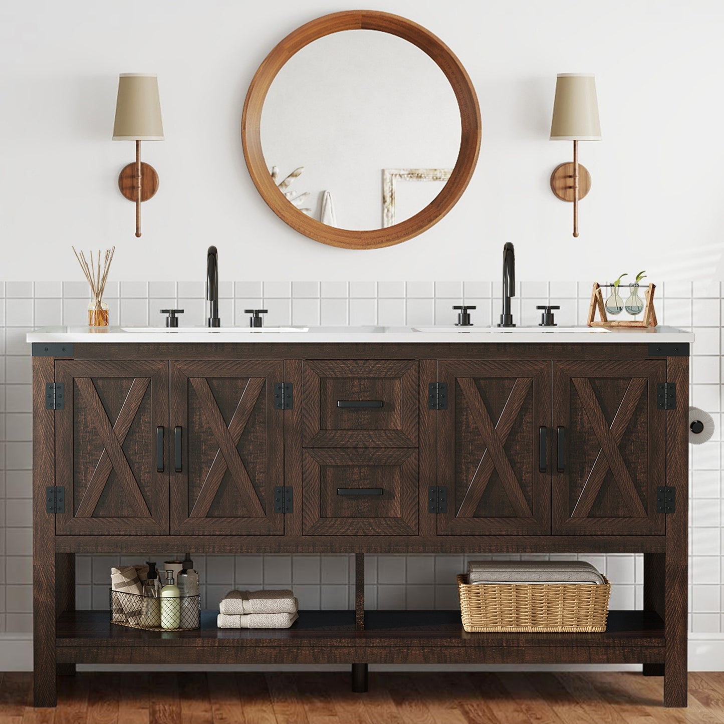 PAPAJET 60-inch Modern Farmhouse Double Sink Bathroom Vanity with Cabinets, Drawers & Open Shelf - /MDF Suitable for Family Bathrooms, Space-Saving, Ample Storage, Low-Maintenance for Resale Value