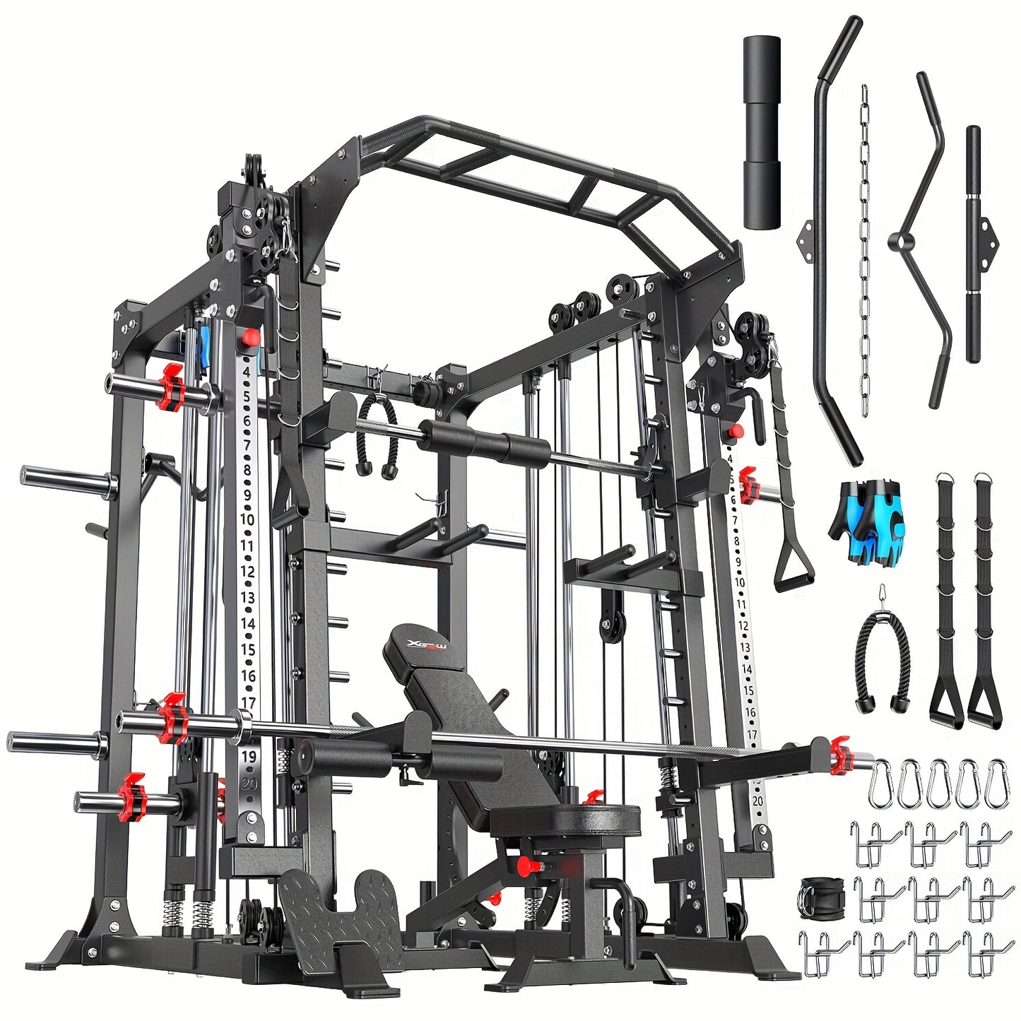 Smith Machine, Multi-function Squat Rack Power Cage L05 with Cable Crossover System, Strength Training Equipment, with Optional Weight Bench, Barbell Weight Set, for Home Gym