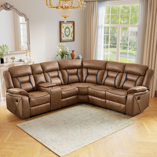 Contemporary Synthetic Faux Leather Reclining Sofa Collection, 5-Seater Couch Featuring Cup Holders And Storage, Ideal for Living Rooms And Offices