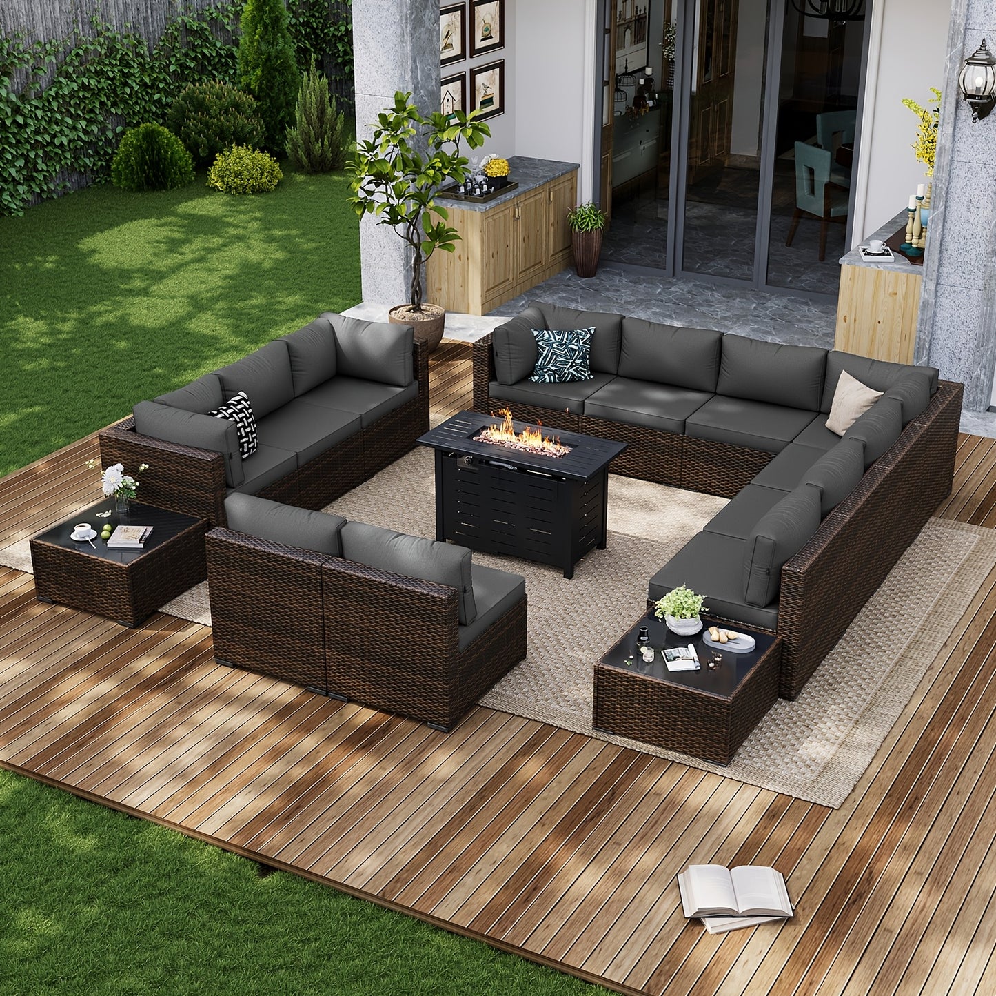 PATIOFIT 8/12/15pcs Outdoor Patio Furniture Set with 40in Fire Pit Table Wicker Rattan Sectional Sofa with Thick Cushions, Coffee Table & Waterproof Cover, Beige Cushions