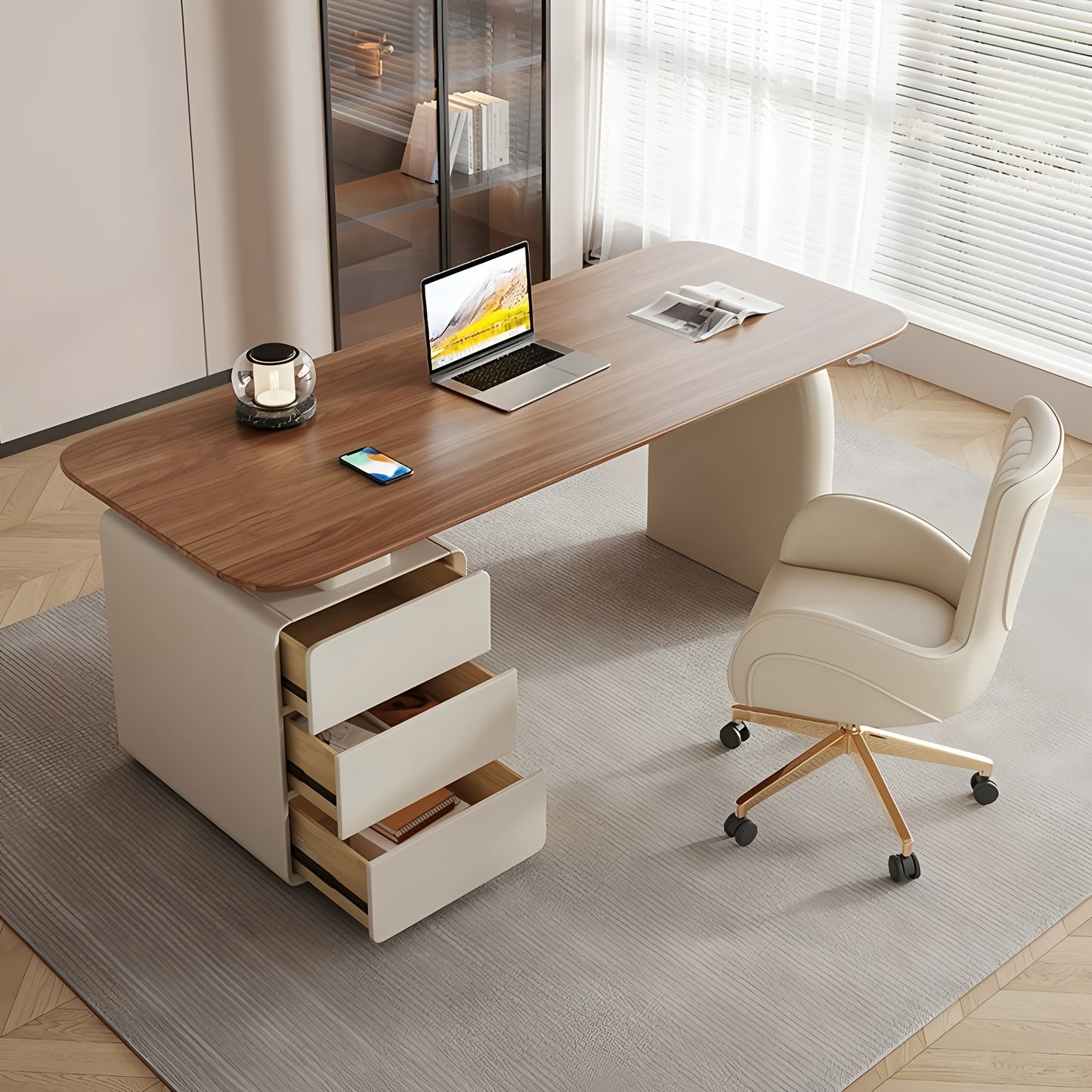 70.86'' Home Office Study Desk With Drawer Storage, Walnut Wood Minimalist Desk, Wide Desktop For Study, Suitable For Bedroom & Study Room