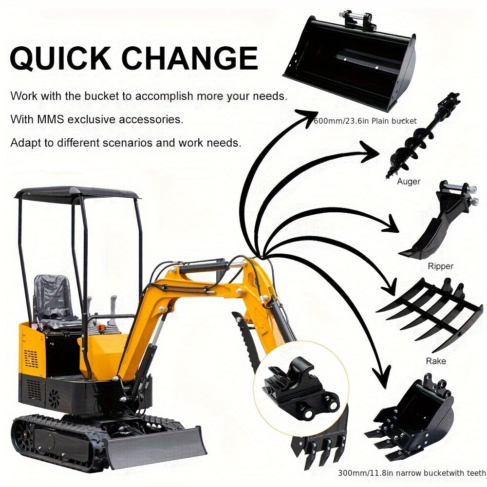 Set of 8 Mini Excavator Attachments Including Quick Hitch, Narrow Bucket, Ripper, Rake, Auger, Grapple, And Screening Bucket for Small Diggers, Available in USA Stock