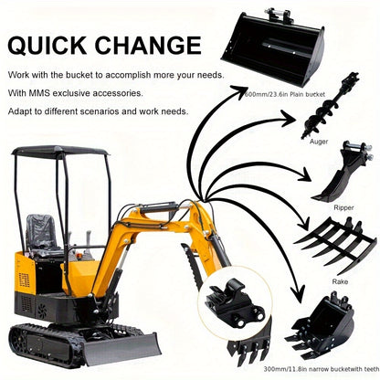 Set of 8 Mini Excavator Attachments Including Quick Hitch, Narrow Bucket, Ripper, Rake, Auger, Grapple, And Screening Bucket for Small Diggers, Available in USA Stock