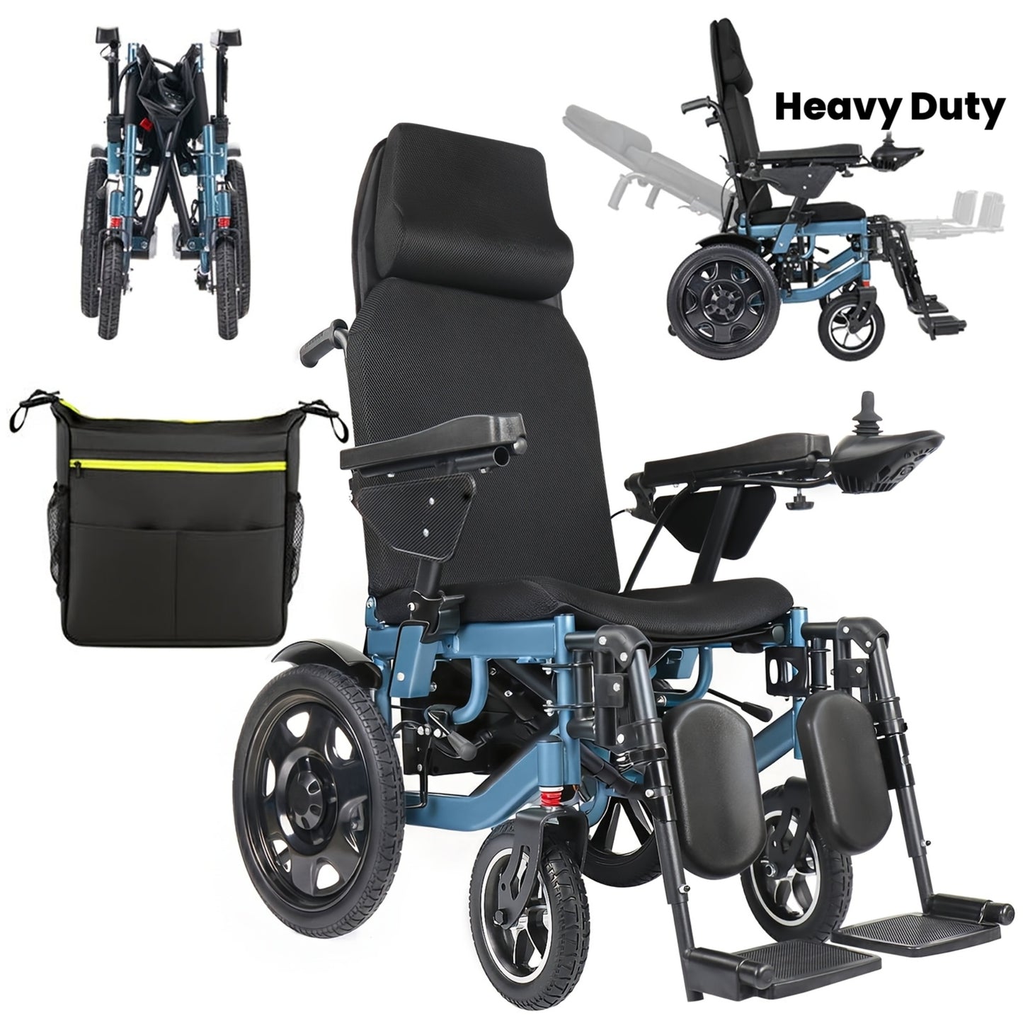 Full-Reclining Carbon Steel Frame Heavy-Duty Electric Wheelchair, Adults Elderly Foldable Power Mobility Chair, N.W. 75 Lbs, Manual Adjustment for Backrest & Leg Supports, 12Ah Lithium Battery with 9.3-Mile Range, 264 Lbs Max Load, Large Storage Bag