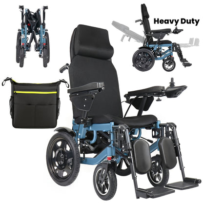Full-Reclining Carbon Steel Frame Heavy-Duty Electric Wheelchair, Adults Elderly Foldable Power Mobility Chair, N.W. 75 Lbs, Manual Adjustment for Backrest & Leg Supports, 12Ah Lithium Battery with 9.3-Mile Range, 264 Lbs Max Load, Large Storage Bag