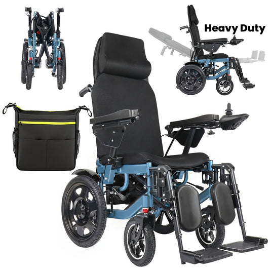 Full-Reclining Carbon Steel Frame Heavy-Duty Electric Wheelchair, Adults Elderly Foldable Power Mobility Chair, N.W. 75 Lbs, Manual Adjustment for Backrest & Leg Supports, 12Ah Lithium Battery with 9.3-Mile Range, 264 Lbs Max Load, Large Storage Bag