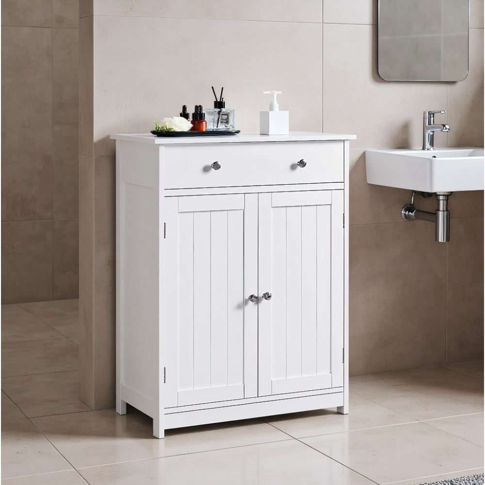 Free Standing Bathroom Cabinet with 1 Drawer 2 Doors and Adjustable Shelf, Wooden Entryway Storage Cabinet, White