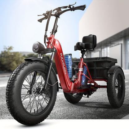 Dual Battery Electric Tricycle with 110-Mile High Range, Rear High-power Brushless Motor, 48V/15Ah&18Ah Removable Battery, 500lb Load Capacity, 20'' Tires And Large Basket, Suitable for Fishing/traveling, Essential for Elderly Travel(Husky Plus)