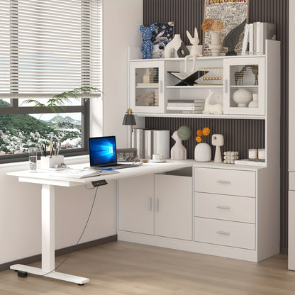 Electric Height Adjustable Computer Desk With 3 Drawers, 1 Cabinet & 2 Open Shelves, L-shaped Computer Desk With Glass Doors & Open Counter, Study Writing Table, For Office, White